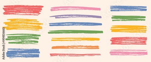 Hand drawn vector colorful dry brush crayon pastel chalk charcoal strokes, paint stains, artistic textured backgrounds collection, set. Grungy rectangles, wide stripes, uneven shapes, rough edges.