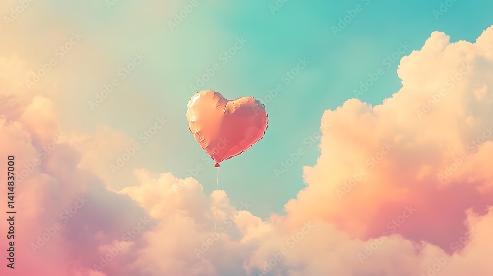 Fototapeta premium A heart-shaped balloon floating in a pastel sky with clouds 