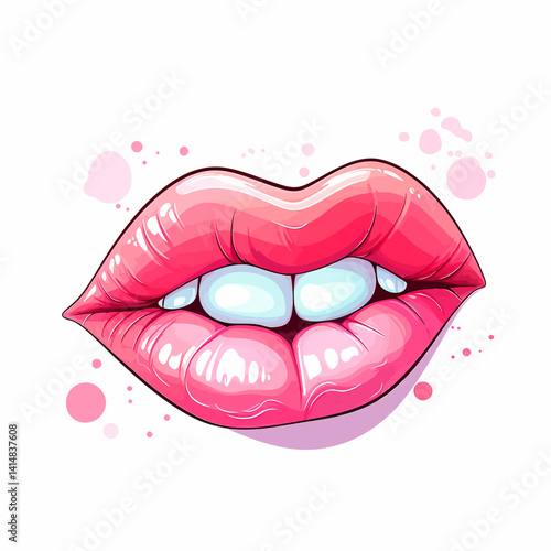 Detailed and glossy illustration of full pink lips slightly parted to reveal white teeth. Represents beauty, sensuality, makeup, and a feminine aesthetic.