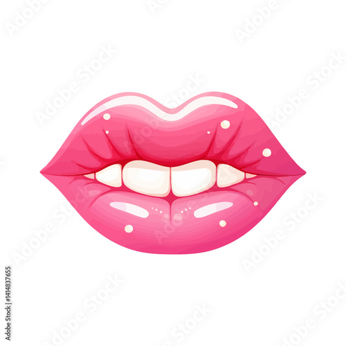 Detailed and glossy illustration of full pink lips slightly parted to reveal white teeth. Represents beauty, sensuality, makeup, and a feminine aesthetic.