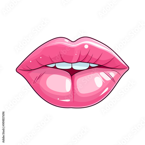 Detailed and glossy illustration of full pink lips slightly parted to reveal white teeth. Represents beauty, sensuality, makeup, and a feminine aesthetic.