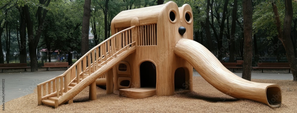 Children explore a charming wooden bear play structure featuring stairs, perfect for imaginative outdoor play surrounded by trees