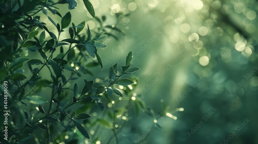 Obraz premium Sunlit Greenery: Serene Natural Leaves & Bokeh Background - Peaceful Nature Scenery