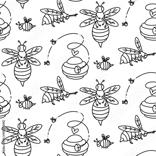 A pattern of doodle bees, a beehive. Beehive and bees with bee flight lines. bees are like a domestic insect. The texture of insects. A flying swarm. Lots of flying insects. Seamless