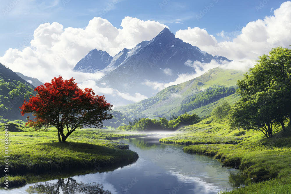 serene landscape featuring river, mountains, and vibrant trees serene landscape featuring river, mountains, and vibrant trees