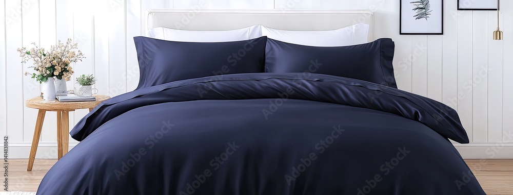 Close-up view of smooth blue silk satin bed sheets highlighting their sheen and softness in a cozy, stylish bedroom ambiance.
