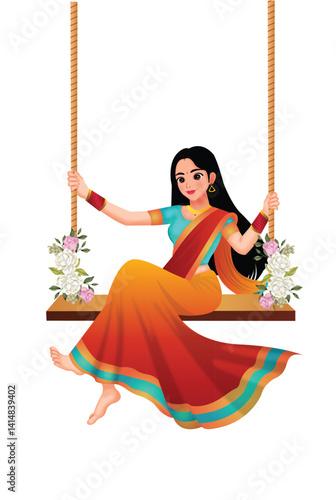 Beautiful Indian Woman Enjoy On Swing Vector Illustration (Royalty Free)