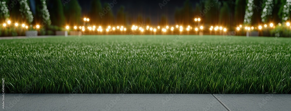 Vibrant green grass fills the football field, illuminated by striking orange and white lights against a dusk sky