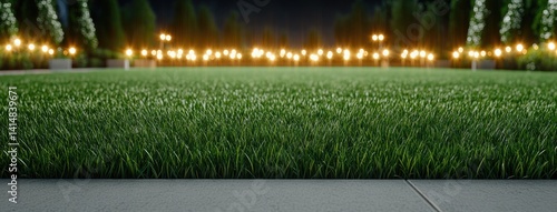 Obraz na płótnie Vibrant green grass fills the football field, illuminated by striking orange and white lights against a dusk sky w salonie