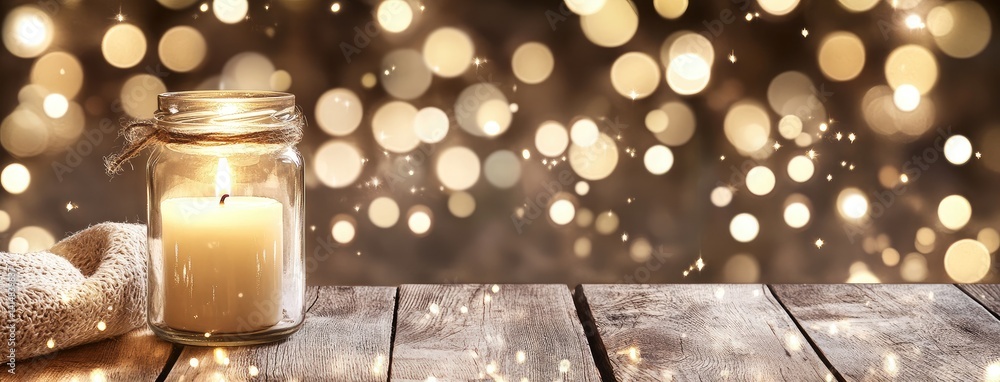 Wrapped in soft blankets, a lit candle in a jar radiates warmth against sparkling lights, offering comfort on a chilly night
