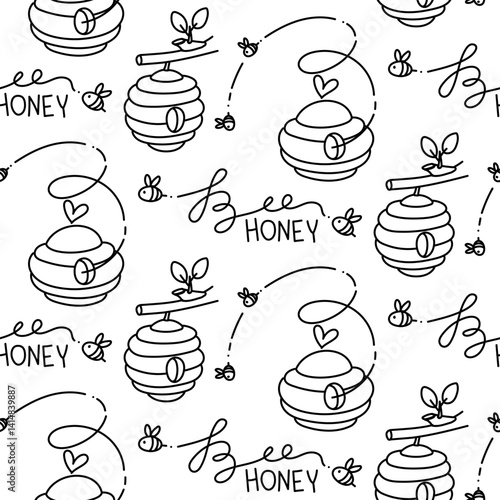A pattern of bee hives and bees. A variety of beehive with a heart, the beehive on the branch is highlighted in white. the flight lines of bees in the hive. bees are domestic insects. Seamless