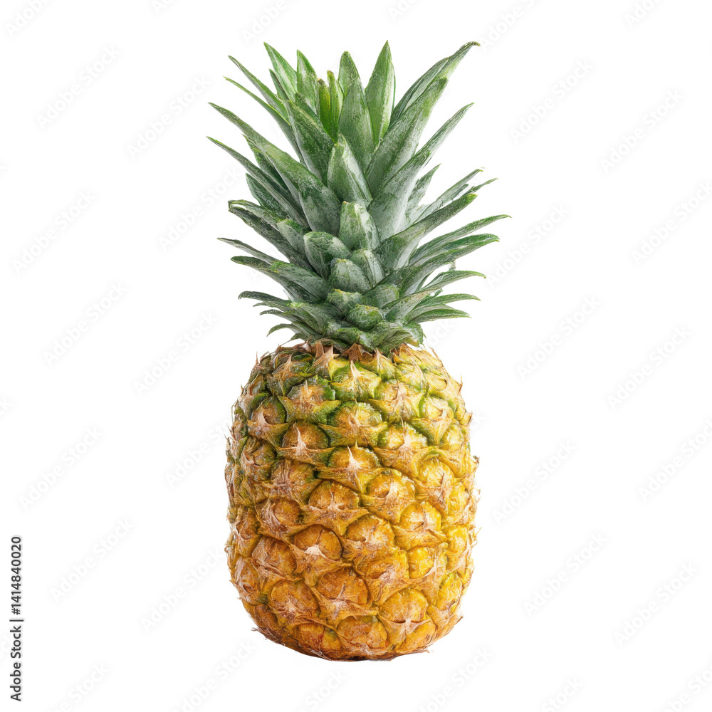 Close up view of a single pineapple with green leaves on a white backdrop Close up view of a single pineapple with green leaves on a white backdrop