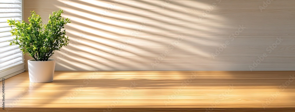 Sunlight streams through a window, illuminating a white tote bag and a potted plant on a wooden table, creating a tranquil feel