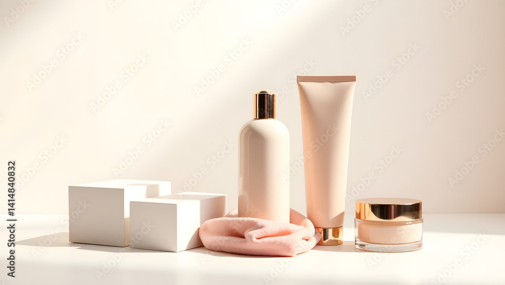 Modern cosmetic podium. Bright cream color. Suitable concept for AI, classic, marketing, cosmetics and beauty themes Modern cosmetic podium. Bright cream color. Suitable concept for AI, classic, marketing, cosmetics and beauty themes