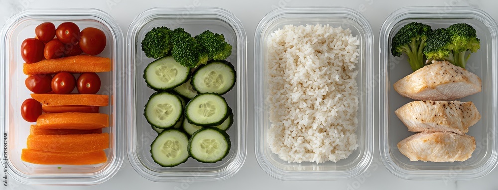 Four meal-pod containers display vibrant ingredients including chicken, salmon, rice, and fresh vegetables arranged for meal prep