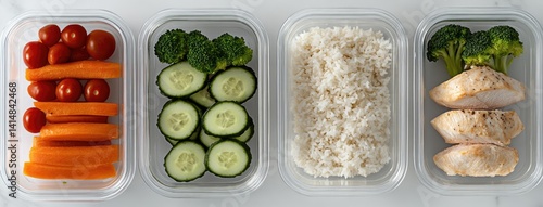 Obraz na płótnie Four meal-pod containers display vibrant ingredients including chicken, salmon, rice, and fresh vegetables arranged for meal prep w salonie