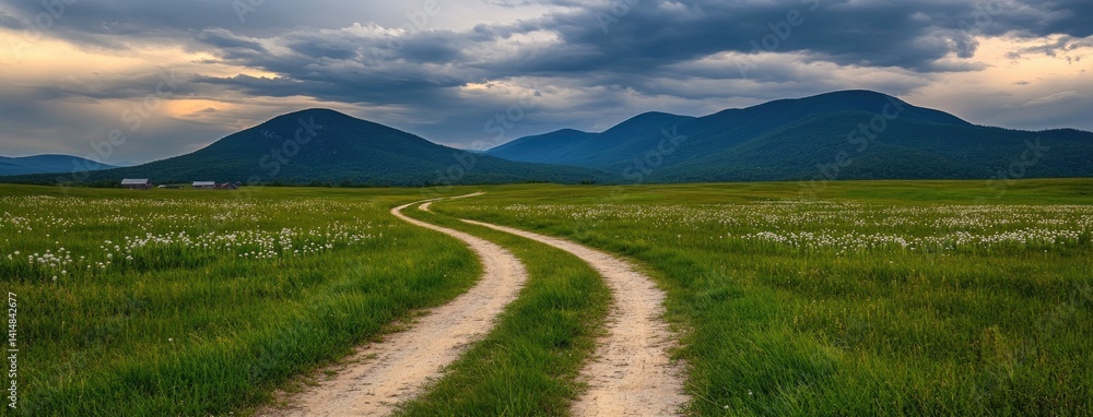 Winding path approaches an old red barn, surrounded by green fields and dandelions, under a warm sunset sky with distant mountains