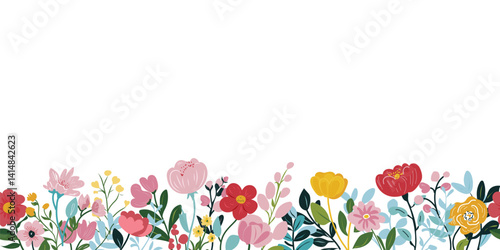 Collection of spring colorful flower elements vector. Floral boarder of wildflower, leaf branch, foliage on white background. Hand drawn blossom illustration for decor, easter, sticker, clipart