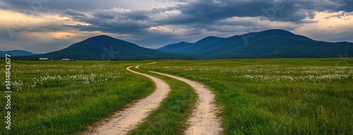 Obraz na płótnie Winding path approaches an old red barn, surrounded by green fields and dandelions, under a warm sunset sky with distant mountains w salonie