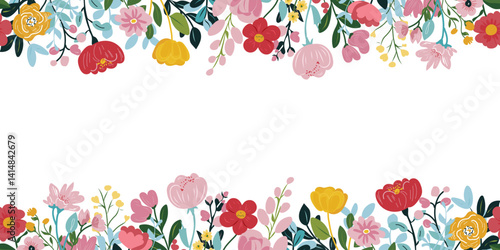 Collection of spring colorful flower elements vector. Floral boarder of wildflower, leaf branch, foliage on white background. Hand drawn blossom illustration for decor, easter, sticker, clipart.