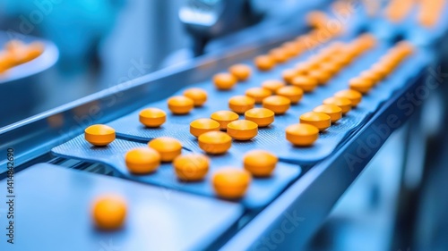 Production line showcasing bright orange tablets being processed in a pharmaceutical facility during daylight hours
