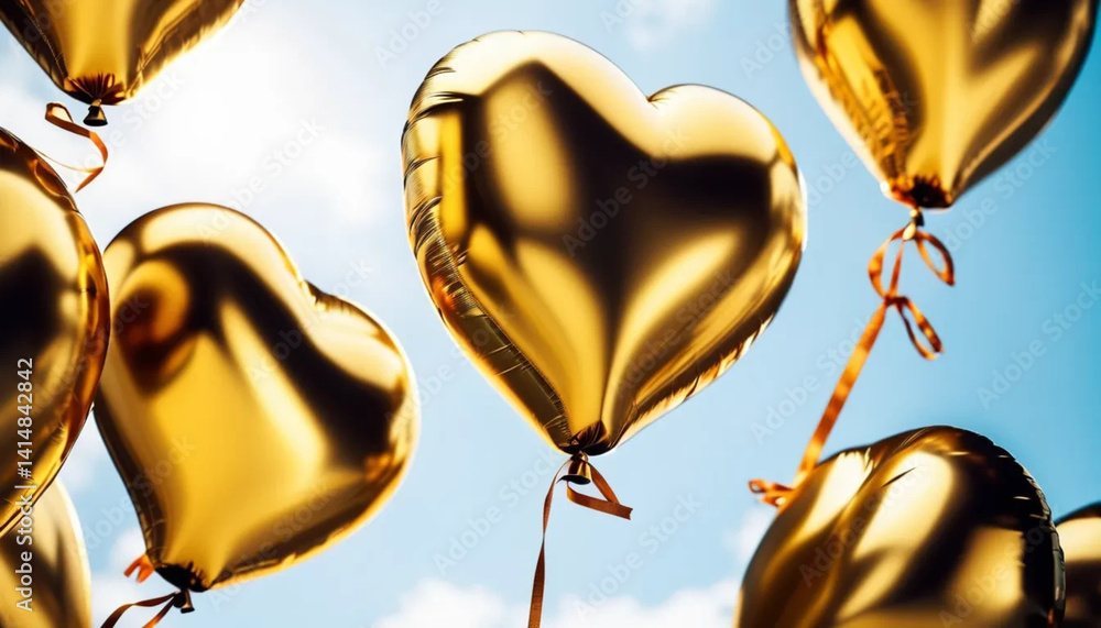 Golden heart shaped balloons as a background.