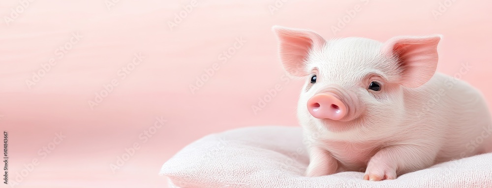 A cute baby piglet stands on a light pink backdrop, showcasing its adorable features in high definition with a joyful expression