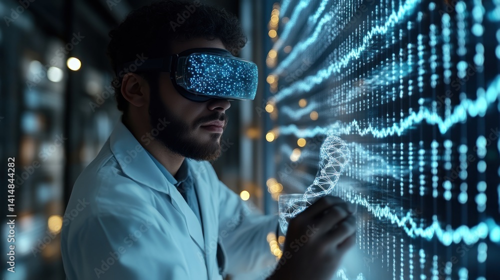 Scientist in Virtual Reality Analyzing DNA and Data Streams for Biotechnology Research Scientist in Virtual Reality Analyzing DNA and Data Streams for Biotechnology Research