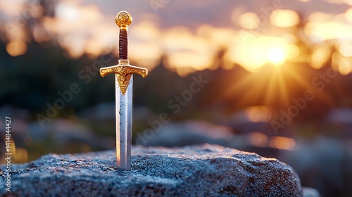 Medieval sword in stone historical fantasy sunset scene