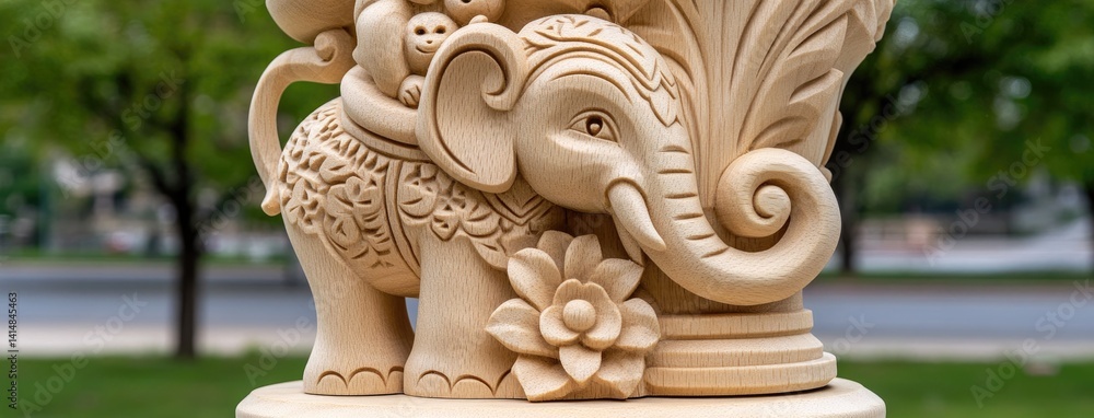 Wooden sculpture features a detailed elephant carrying a cheerful monkey, highlighting fine craftsmanship and smooth textures