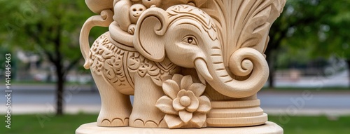 Obraz na płótnie Wooden sculpture features a detailed elephant carrying a cheerful monkey, highlighting fine craftsmanship and smooth textures w salonie