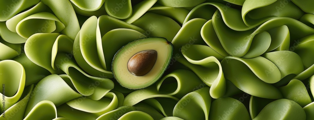 Vibrant green avocados are artfully arranged, showcasing one halved fruit that highlights its rich texture and brown pit