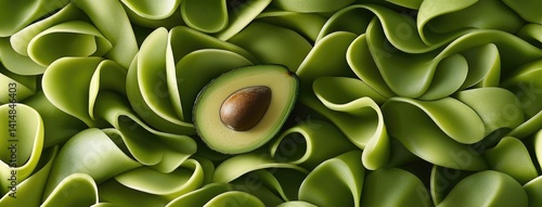 Obraz na płótnie Vibrant green avocados are artfully arranged, showcasing one halved fruit that highlights its rich texture and brown pit w salonie