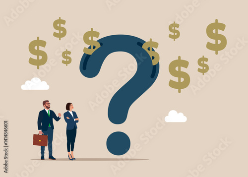 From the question mark fly out many dollar signs.  Long term investment return, retirement pension fund. Currency. Modern vector illustration in flat style