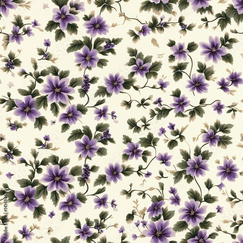 Obraz na płótnie Delicate floral design features pastel blooms and green vines, perfect for scrapbooking and fabric printing with a romantic touch SEAMLESS PATTERN w salonie