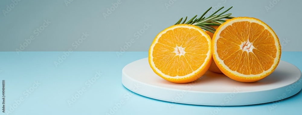 Fresh orange slices paired with rosemary create a modern and elegant presentation on a round pedestal, highlighted by studio lighting