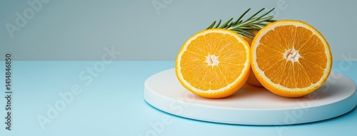 Obraz na płótnie Fresh orange slices paired with rosemary create a modern and elegant presentation on a round pedestal, highlighted by studio lighting w salonie