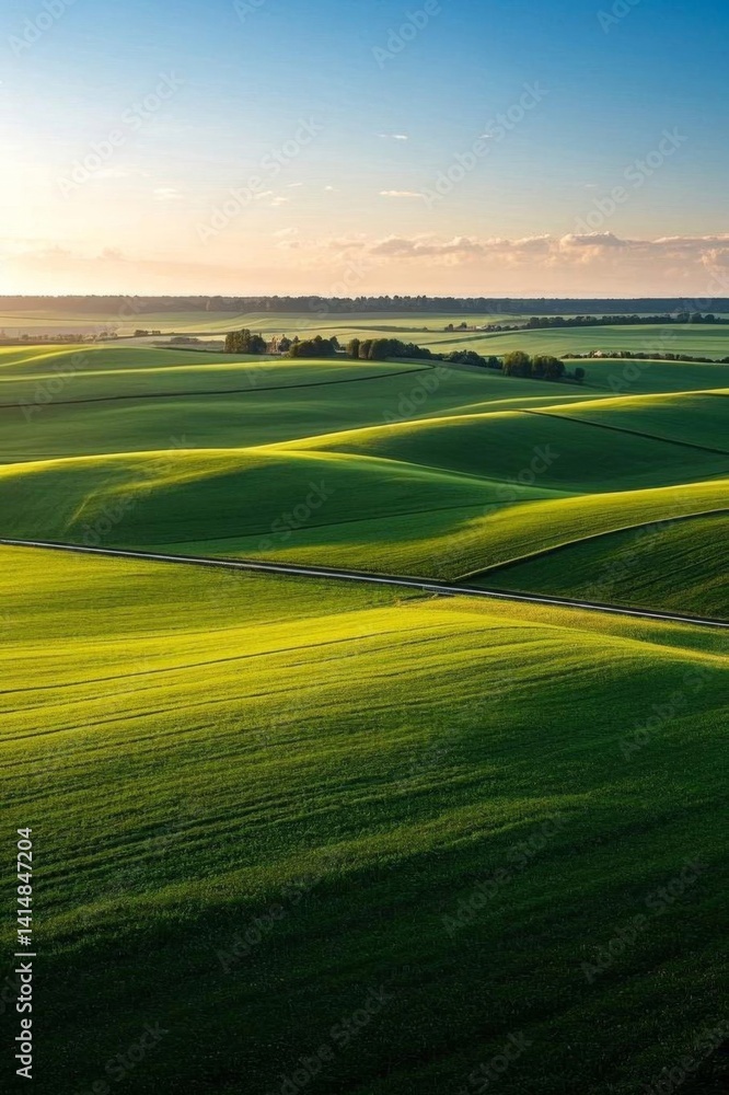 Fototapeta premium a view of a green field with a road running through it