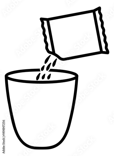 black and white illustration of contents pouring out of a package into a cup, no background