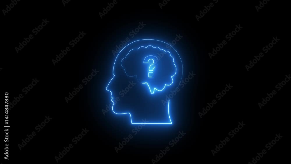 Glowing neon Human head with question mark icon isolated on black background. Outline of head with question mark inside human mind., Concept of innovation on black background. Glowing neon Human head with question mark icon isolated on black background. Outline of head with question mark inside human mind., Concept of innovation on black background.