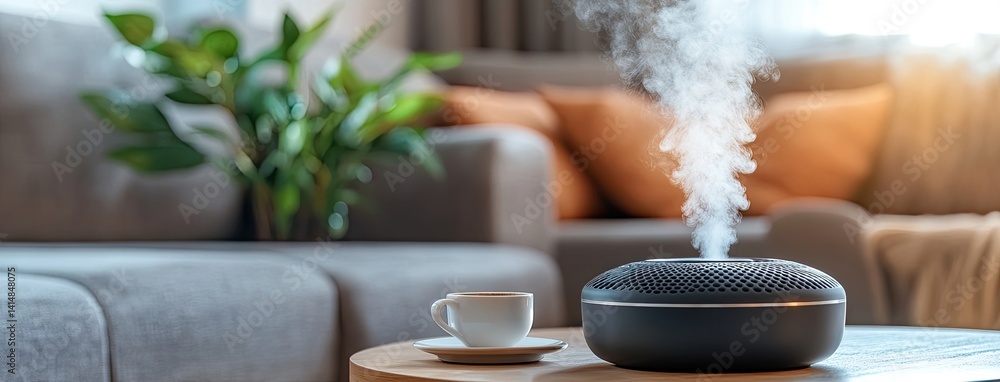 A black humidifier emits steam while sitting on a coffee table in a warmly lit living room, enhancing the cozy environment
