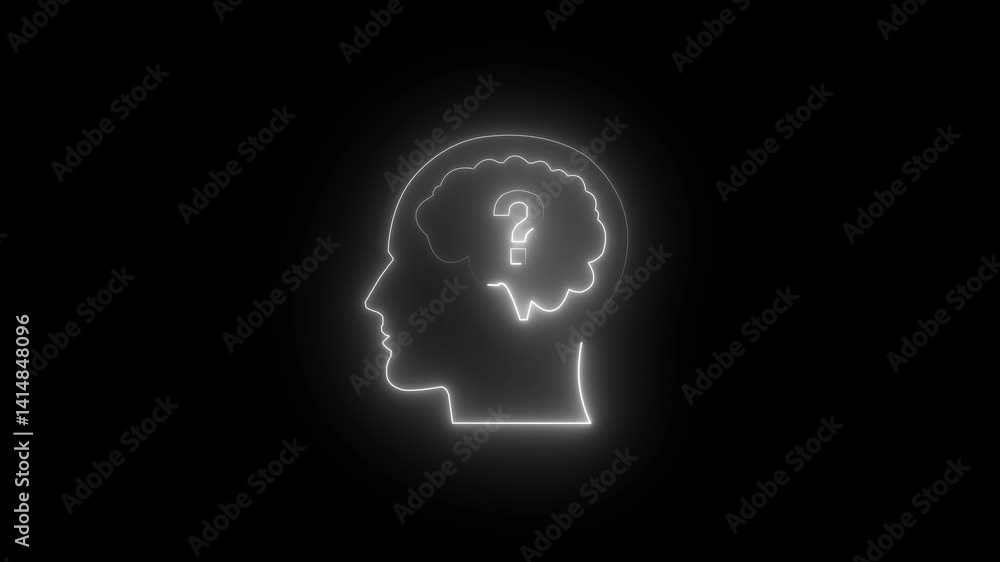 Glowing neon Human head with question mark icon isolated on black background. Outline of head with question mark inside human mind., Concept of innovation on black background. Glowing neon Human head with question mark icon isolated on black background. Outline of head with question mark inside human mind., Concept of innovation on black background.
