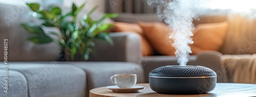 Obraz na płótnie A black humidifier emits steam while sitting on a coffee table in a warmly lit living room, enhancing the cozy environment w salonie
