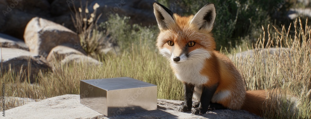 A curious fox rests on the grass, gazing at a reflective silver panel as the sun sets in a peaceful backyard
