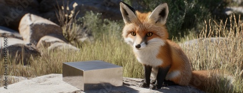 Obraz na płótnie A curious fox rests on the grass, gazing at a reflective silver panel as the sun sets in a peaceful backyard w salonie