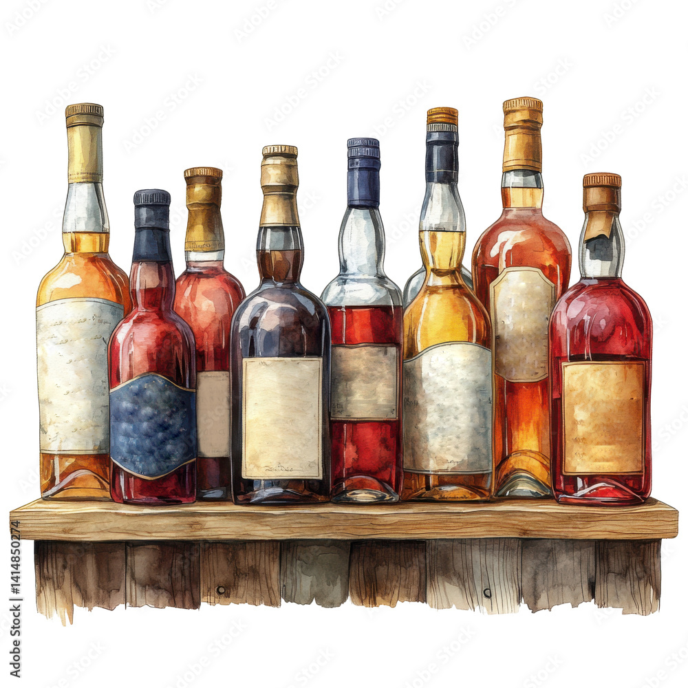 Wine bottles arranged separately on transparent background