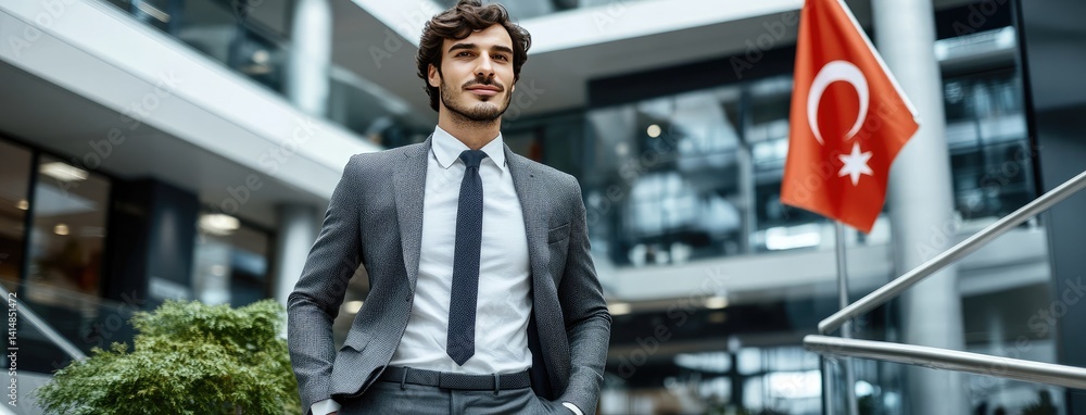 A man in his late thirties stands confidently in formal business attire beside the Turkish flag inside an office building