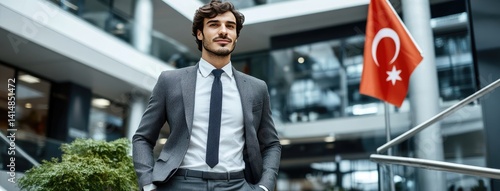 Obraz na płótnie A man in his late thirties stands confidently in formal business attire beside the Turkish flag inside an office building w salonie