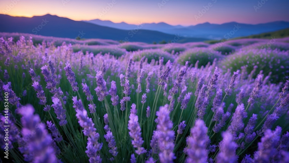 Fototapeta premium Lavender Field Blooming at Dusk with Mountains in the Background