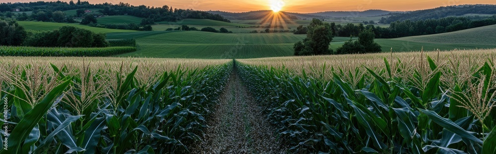 Golden kernels peak from green cornfield leaves as the sun sets, creating long shadows over a country road lined with fence posts.